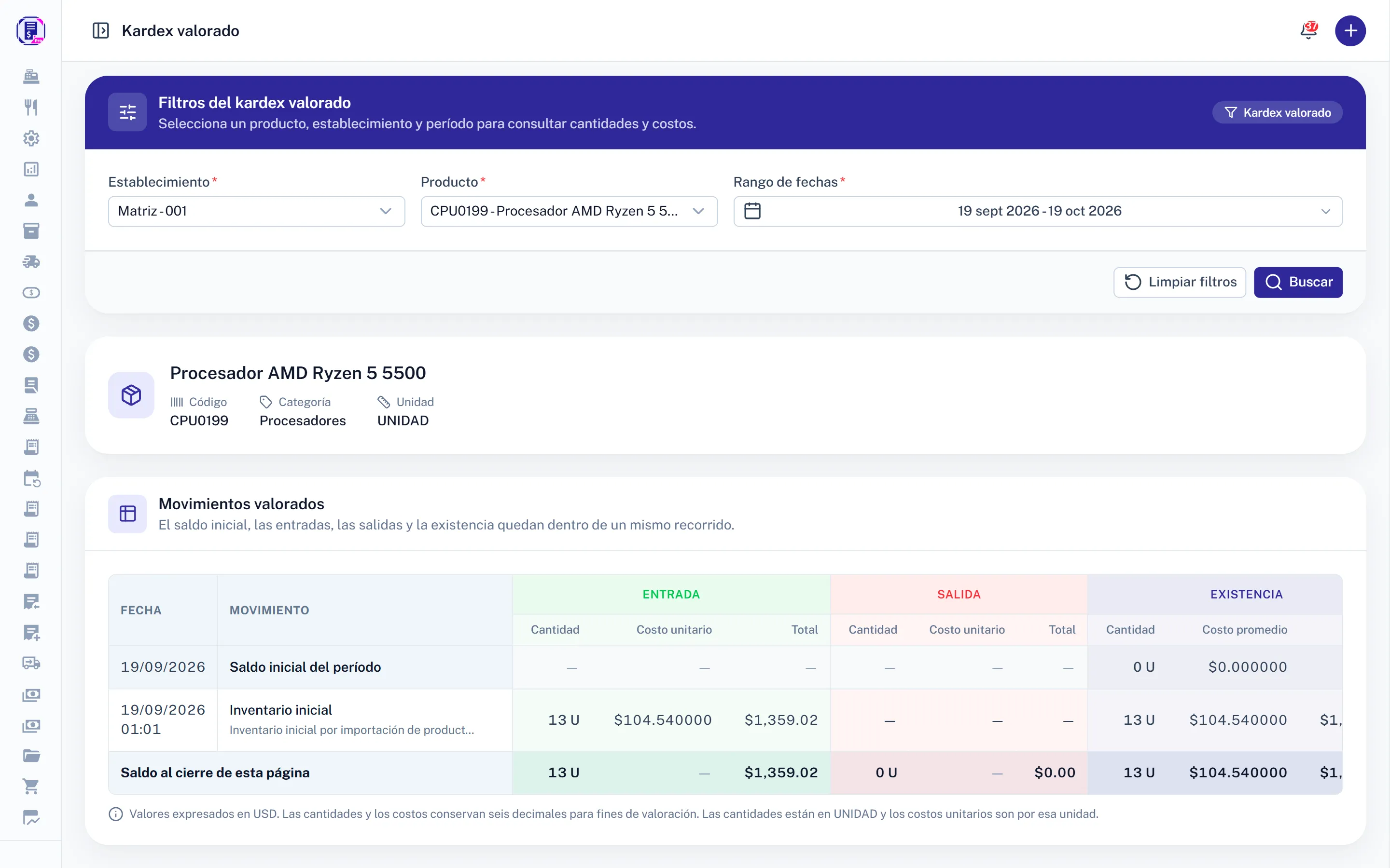 Inventario con bodegas: Kardex de SmartFact Pro